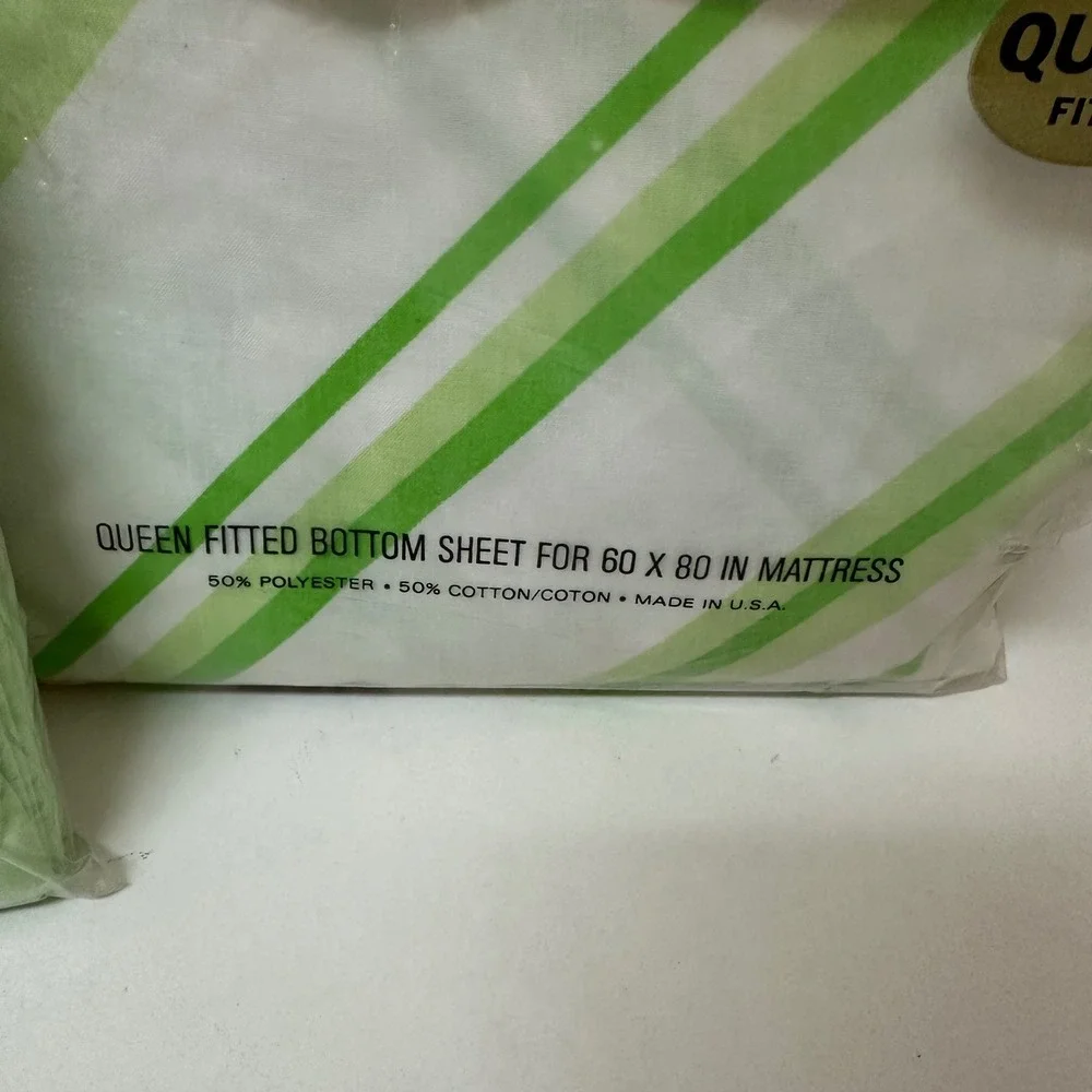Vintage Cannon Monticello Queen Fitted Sheet & Pillowcases Montauk Stripe Green